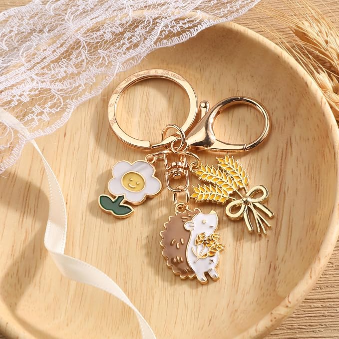 Hedgehog Keychain with Flower Thanksgiving Keycharm with Wheat Unique Animal Keyring for Women Farm Keychains Gifts