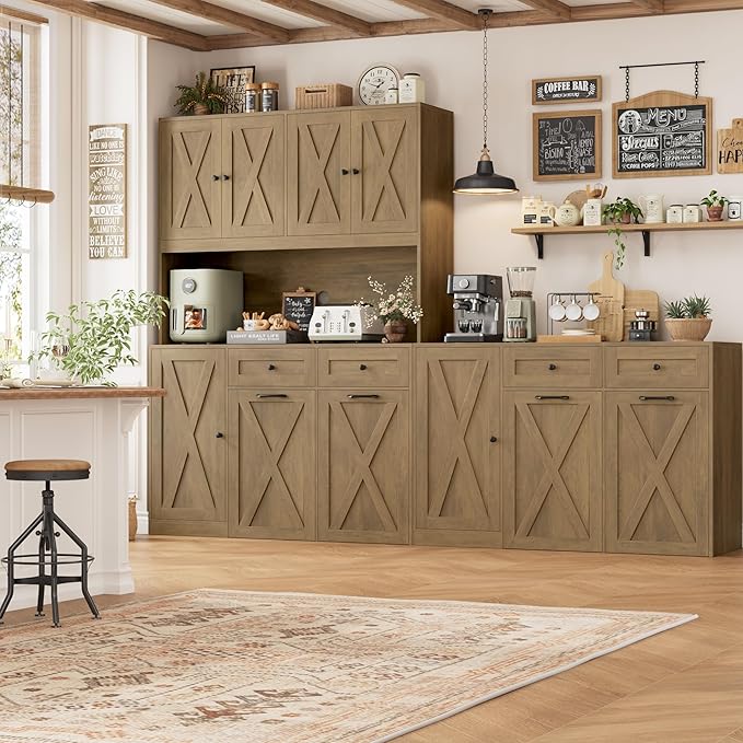 HOSTACK 12.5 Gallon Kitchen Trash Cabinet, 47" Double Trash Can Cabinet, Large Pull Out Can Storage Drawers, Wood Farmhouse Hidden Garbage Storage Buffet for Kitchen, Dining Room, Rustic Brown