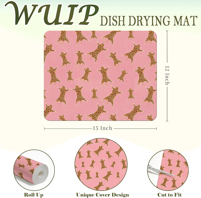 Pink Leopard Dish Drying Mats for Kitchen Counter, Retro Cheetah Animal Print Absorbent Reversible Coffee Bar Mat Drying Pad for Leopard Kitchen Decor, 12x15 Inch