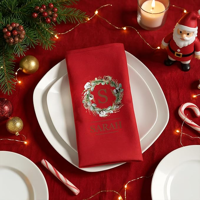 Custom Christmas Kitchen Towels Square Personalized Initial Name Wreath Hand Towels Christmas Tea Dish Towel Kitchen Decor Gifts for Family Red 17.7×17.7INCH