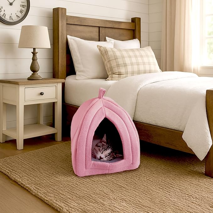 PETMAKER Cat House Indoor Bed with Removable Foam Cushion, Pink | Plush Cat Tent Bed for Small Kittens, Rabbits, Guinea Pigs, and Other Small Animals, Comfortable Cozy Pet Hideaway