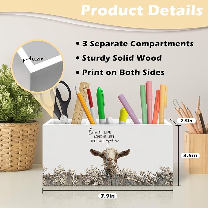 Rustic Goat Pen Holder Organizer, Farmhouse Gifts for Goat Lovers Women Desk Decor, Live Like Someone Left the Gate Open Wooden Pen Pencil Holders for Vintage Desk Accessories