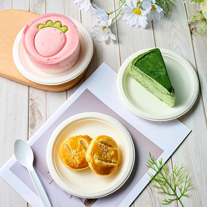 ECOLipak 6 Inch Disposable Compostable Small Paper Plates, 200 Pack Recycled Sugarcane Bagasse Biodegradable Heavy Duty Mini Dinner Appetizer Cake Dessert Plates for Party(White)