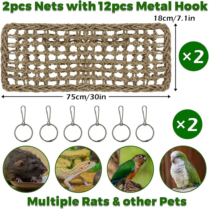 2Pcs 30x7in Rat Climbing Toys for Cage, Chewable Natural Seagrass Mat | with Metal Hooks, Soft Fall Breakers for Rats, Rat Ladder Bridge Toy with Mild Grassy Scent, Rodent Hammock Cage Accessories