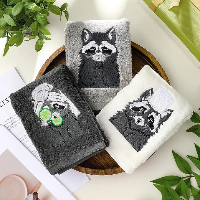 3 Pcs Raccoon Gifts Hand Towels for Bathroom Decorative | Funny Retro Raccoon Bathroom Decor, 100% Cotton Embroidered Towels for Women Kitchen Decor, 13. 3 x 29. 5''