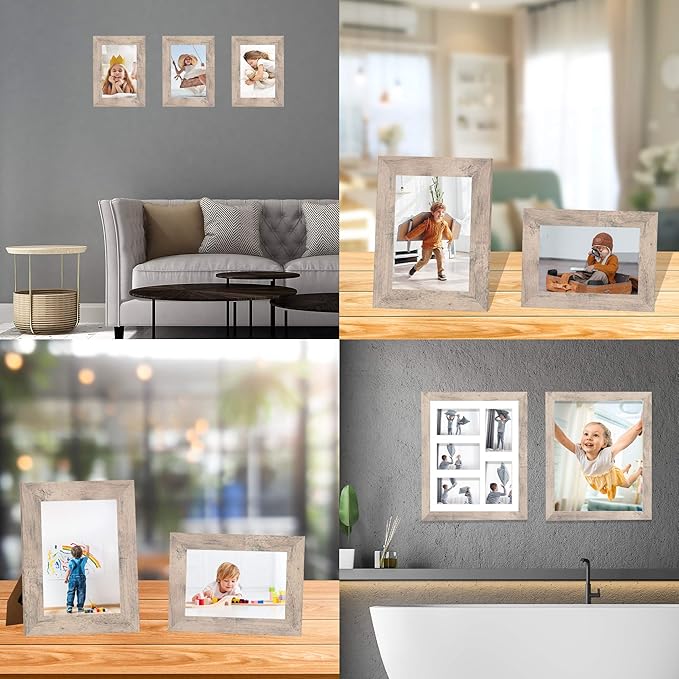 iRahmen 8x10 Picture Frame Set of 4, Smoke Gray Frame with High Definition Real Glass, 8 x 10 Wood Photo Frame for Tabletop Display and Wall Mounting