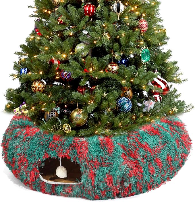 Warm Fluffy Plush Cat Tunnel Bed Under Christmas Tree Big Tube Playground Toys 3 FT Diameter Longer Crinkle Collapsible 3 Way, for Indoor Cat Kitty Kitten Puppy Rabbit Ferret Green-Red