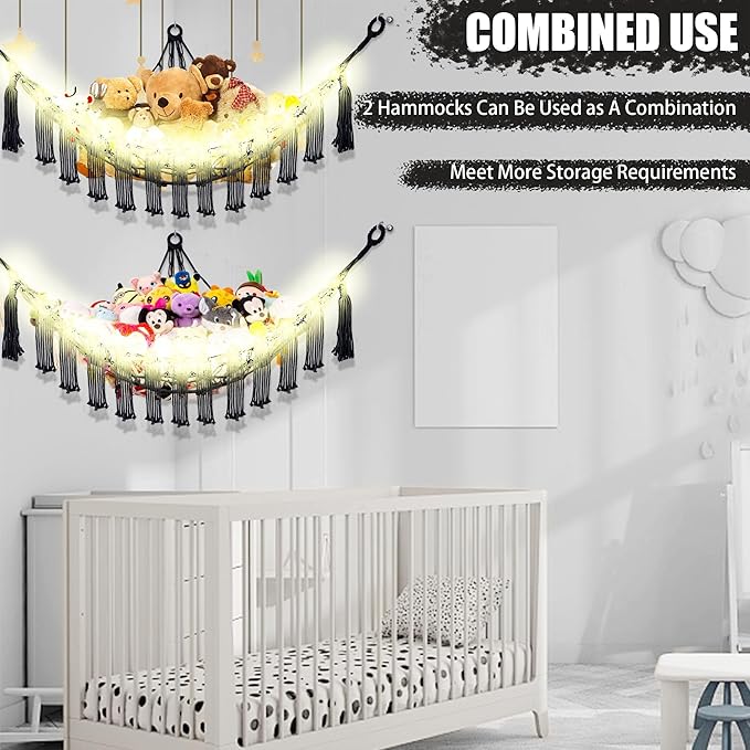 CERETIA Stuffed Animal Hammock with LED Light, Large Stuffed Animals Storage Corner Plushie Net for Kids Room Decor, Jumbo Black
