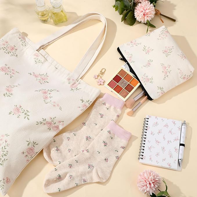 Talltalk 6 Pcs Pink Flower Gifts for Women Flower Lover Gift Set, Socks Canvas Bag Makeup Bag Spiral Notebook Ballpoint Pen and Stainless Steel Keychain for Christmas Birthday Graduation Thanksgiving