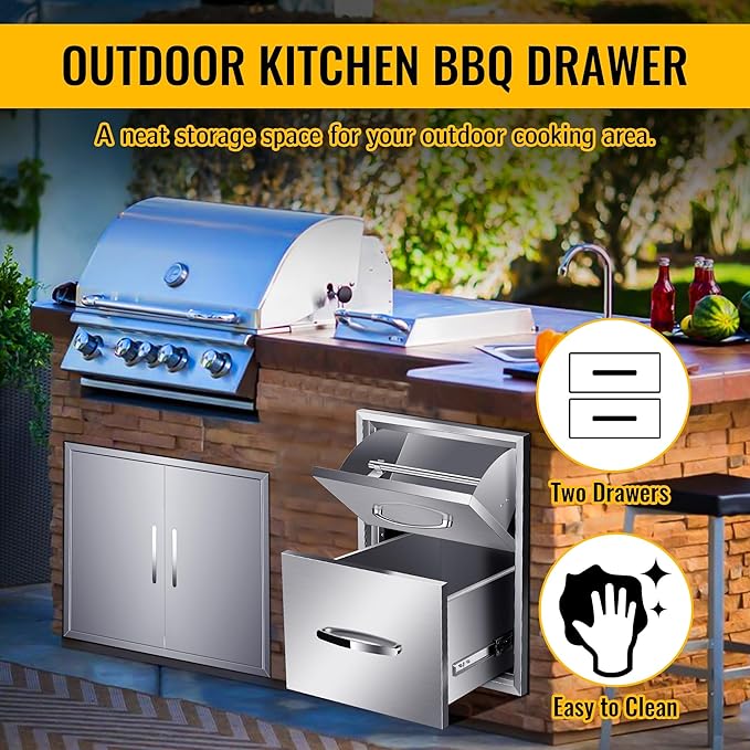 Outdoor Kitchen Drawers Stainless Steel 16W X 20H X 20D Inch, Flush Mount Double BBQ Island Drawers with Handle for Outdoor Kitchens, Patio or Grill Station