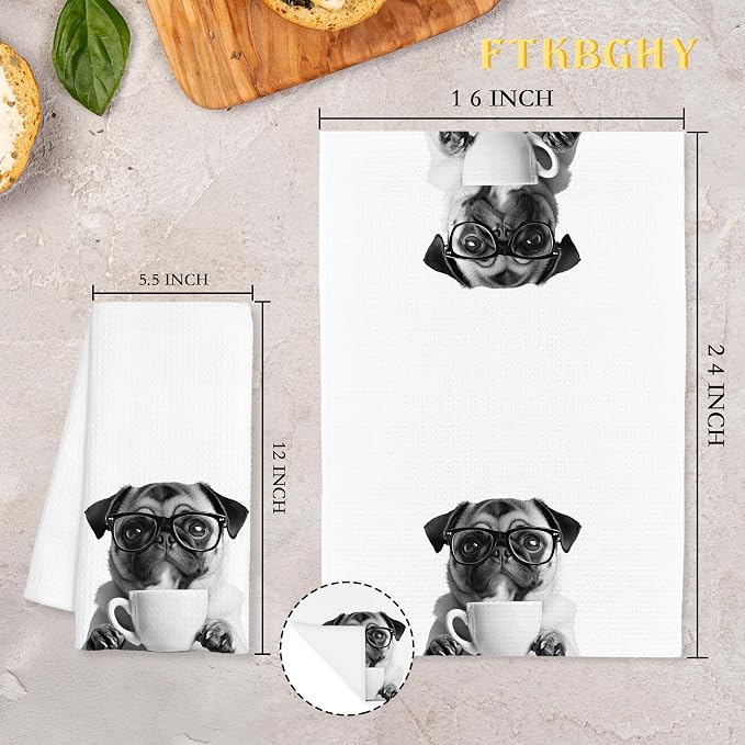 Funny Pug Decor Coffee Kitchen Towels Gift, Pug Dog Gifts, Coffee Gifts for Women, Dog Lover Gift Decorative Dish Hand Tea Towels for Kitchen Home Bar Decor, 16x24 Inch