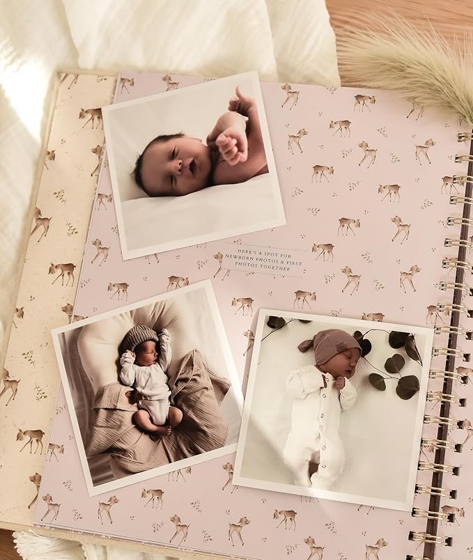 Peachly Unisex Baby Memory Book | Minimalist First Year Baby Book Keepsake for Milestones | Baby Scrapbook for Boy or Girl | Natural Linen - Forest