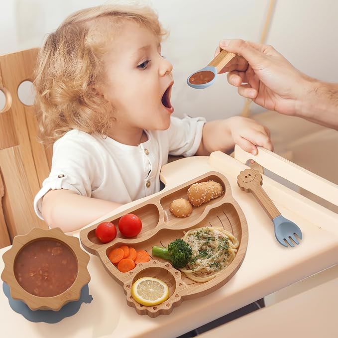 Bamboo Suction Plates Bowls Set for Baby Toddler - Includes Bamboo Bowl, Divided Plate, Silicone Fork & Spoon, All-Natural Baby Feeding Set for Baby-Led Weaning