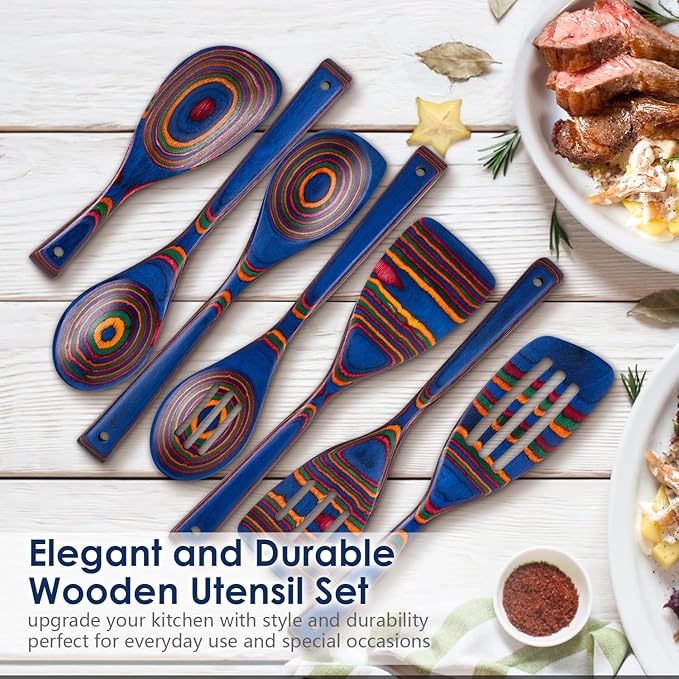 Pakkawood 7-Piece Wooden Cooking Utensil Set-Wood Kitchen Utensil Set, Wooden Spoons for Cooking, Nonstick Safe Non-Toxic Wooden Cooking Tools by HOWHONG (Spectrum Color)
