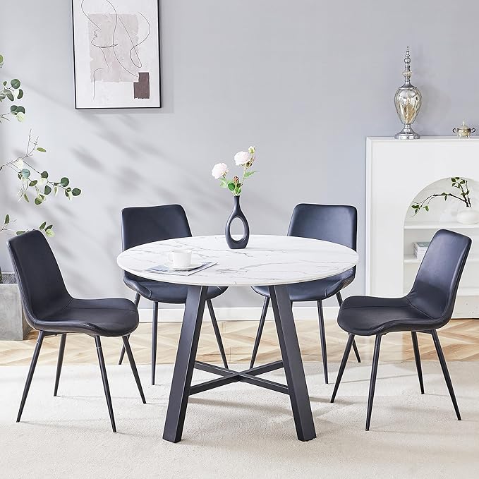 Round Dining Table Set for 4,Modern Round Kitchen Table and Chairs for 4,42" White faux Marble Circle Dining Table with 4 PU Leather Chairs,Circle Dining Table Set for Small Space Apartment Kitchen