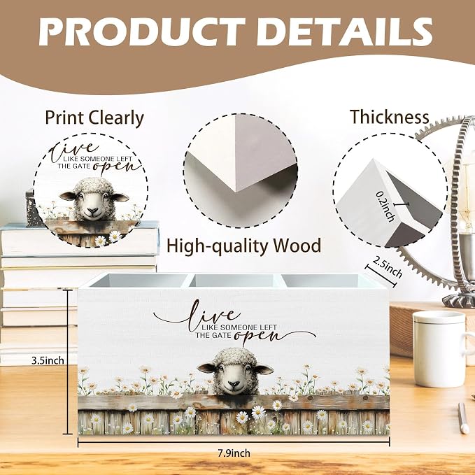 DILSJ Sheep Inspirational Pen Pencil Holder Organizer for Desk, Sheep Gifts, Live Like Someone Left the Gate Open Wooden Box Signs for Home Office Desk Tabletop Decoration