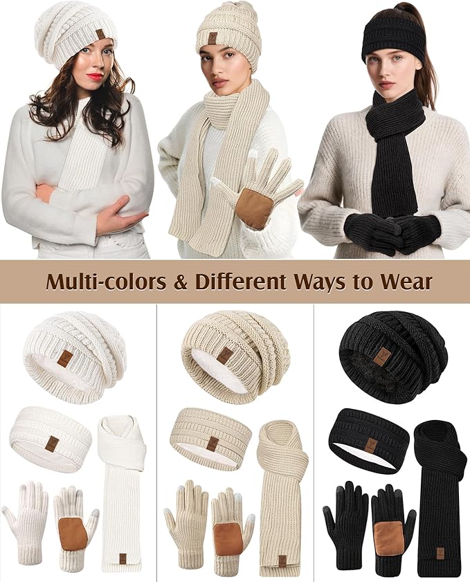 Women Beanie Scarf Gloves Headband Set, Winter Fleece Lined Hat Ear Warmer Knit Scarf Women Gloves Gift Set 4 in 1