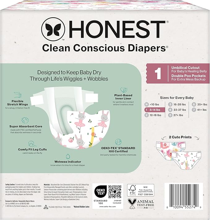 The Honest Company Clean Conscious Diapers for Delicate Skin Up to 100% Leakproof Hypoallergenic Fragrance-Free Baby Girl Prints Club Box Size 1 (8–14 lbs) 78 Count (Prints May