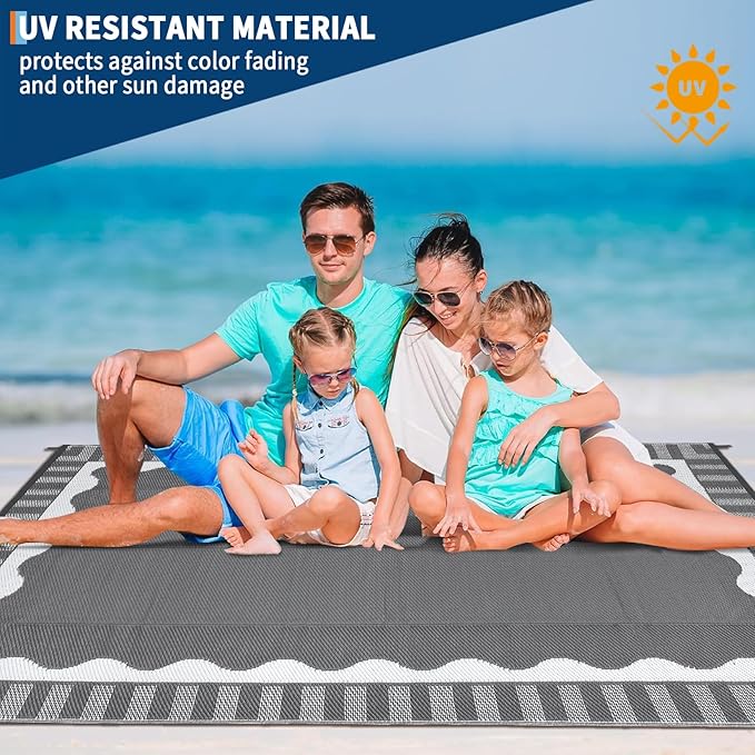 Outdoor Rug 8x10 Waterproof Patio Rugs Scalloped Border Reversible Mat for Front Door Rv Foldable Plastic Straw Carpet for Travel Trailers, Deck, Picnic, Porch, Camper, Balcony, Beach,Grey