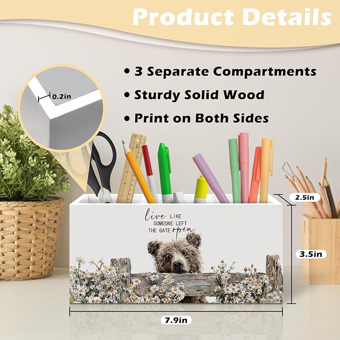 Rustic Bear Pen Holder Organizer, Farmhouse Bear Gifts for Women Kids Desk Decor, Live Like Someone Left the Gate Open Wooden Pen Pencil Holders for Vintage Desk Accessories