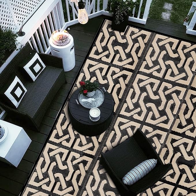 SAND MINE Reversible Mats, Plastic Straw Rug, Modern Area Rug, Large Floor Mat and Rug for Outdoors, RV, Patio, Backyard, Deck, Picnic, Beach, Camping, Trailer, Black & Beige, 9' x 18'