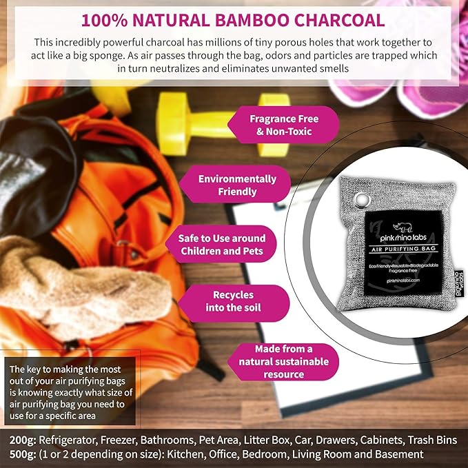 Nature Fresh Premium Bamboo Charcoal Air Purifying Bag - Scent Free Odor Eliminator for Home and Car- Kid and Pet Friendly Air Fresheners and Odor Absorber - Activated Charcoal 1x 500g