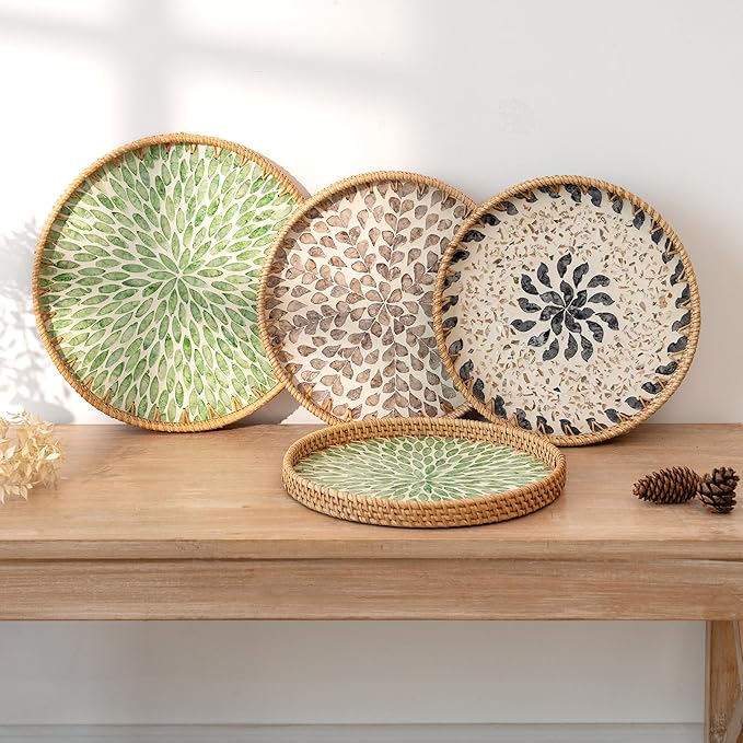 StorageWorks Decorative Coffee Table Trays for Home Decor, Round Rattan Tray with Mother of Pearl Inlay, Large Wicker Woven Serving Tray Decor for Kitchen Counter,Living Room and Ottoman, Green