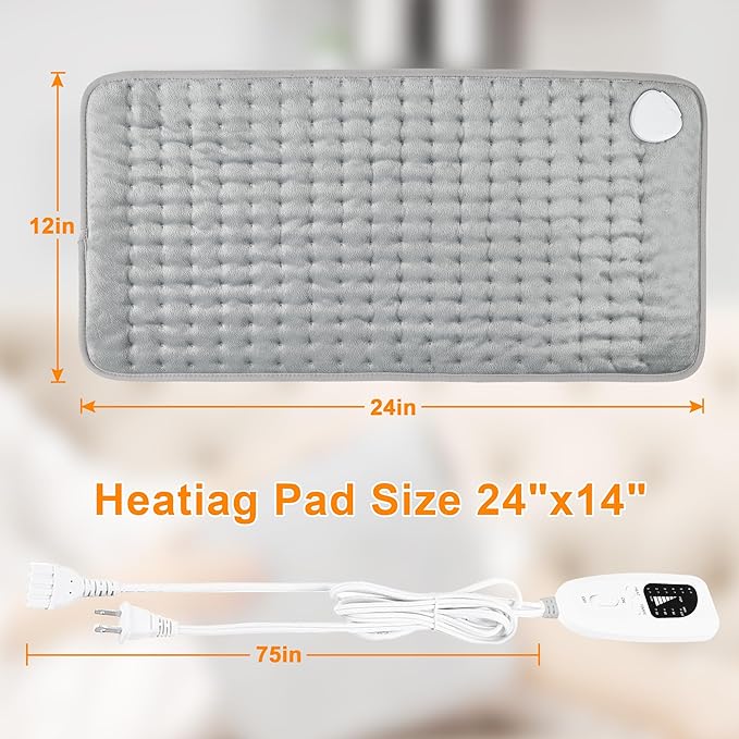 Deepsoon Heating Pad,Electric Heating Pads for Back,Neck,Abdomen,Moist Heating Pad for Shoulder,Knee,Arms,Legs,Dry/Moist Heat & Auto Shut Off,Christmas Gifts for Men and Women,Silver,24x12 Inch