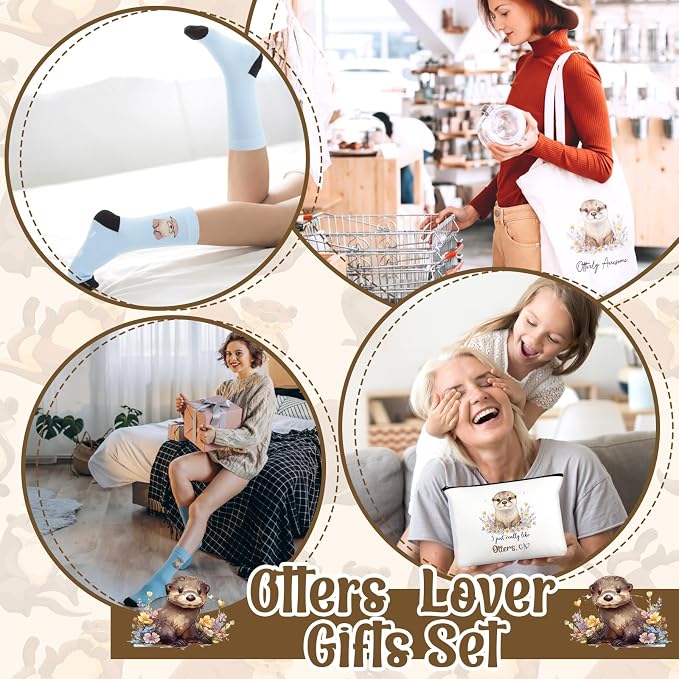 Talltalk 6 Pcs Otter Gifts for Women Sea Otter Lover Gifts Set, Socks Canvas Bag Makeup Bag Spiral Notebook Ballpoint Pen and Stainless Steel Keychain for Christmas Birthday Graduation Thanksgiving