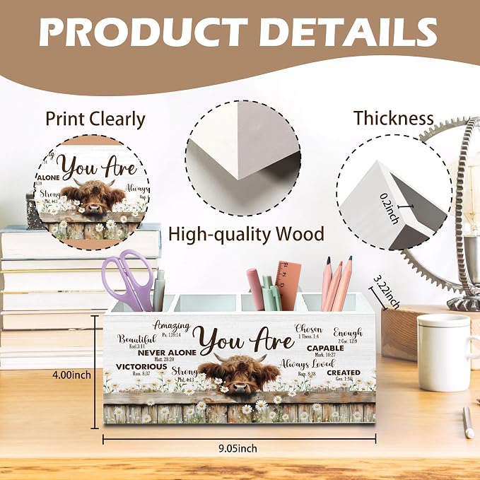 DILSJ Christian Highland Cow 4 Compartment Pen Pencil Holder for Desk | Inspirational Christian Gifts, Rustic Cow Motivational Wooden Box Signs Organizer for Home Office Desk Tabletop Decoration