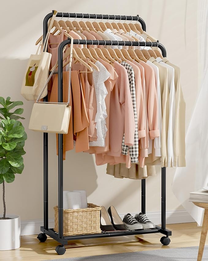Clothes Rack - Clothing Rack with Storage Mesh Shelf & Casters, Heavy-Duty Metal Clothing Rack for Hanging Clothes, Dresses, Coats, Large Load Capacity, Easy Assembly, Black, 28.0"x16.0"x59.0"