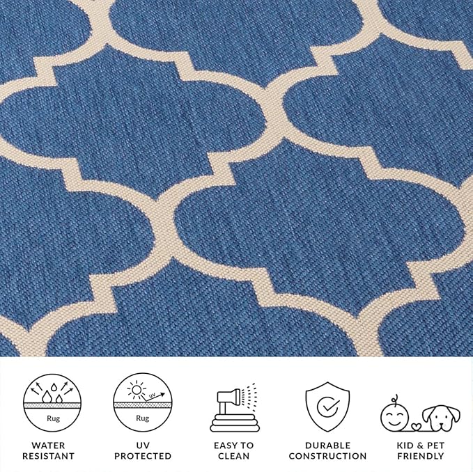 SAFAVIEH Washable Rug Outdoor Courtyard Collection - 7'10" Square, Blue & Beige, Non-Shedding & Easy Cleaning, Ideal for Patio, Backyard, Mudroom (CY6914-243)