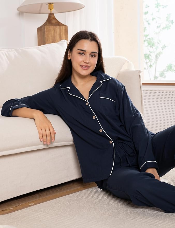 Womens Pajama Sets 100% Double Gauze Cotton Linen Like Muslin Pajamas Long Sleeve Button Down Sleepwear Soft Pjs Lounge Set