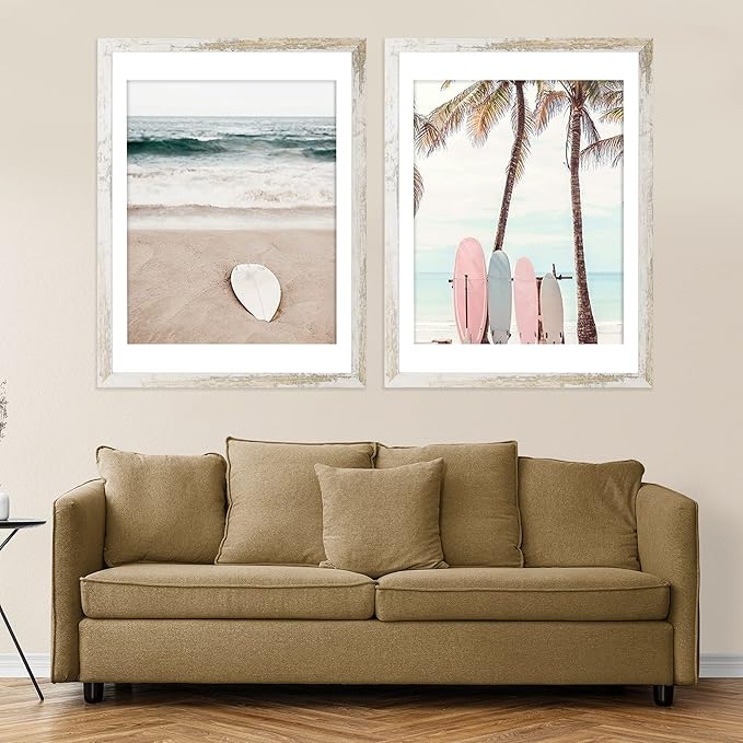 20x30 Frame Set of 2, Distressed White Wood Style - Display 16x24 Picture with Mat or 20 x 30 Poster without Mat, Wall Mounting Horizontal and Vertical