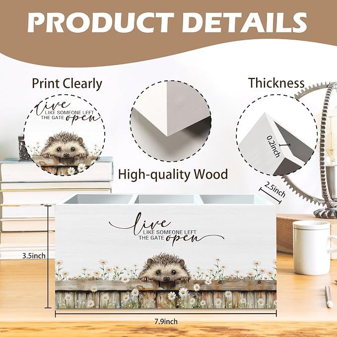 DILSJ Hedgehog Inspirational Pen Pencil Holder Organizer For Desk, Hedgehog Gifts, Rustic Floral Live Like Someone Left The Gate Open Wooden Box Signs For Home Office Desk Tabletop Decoration