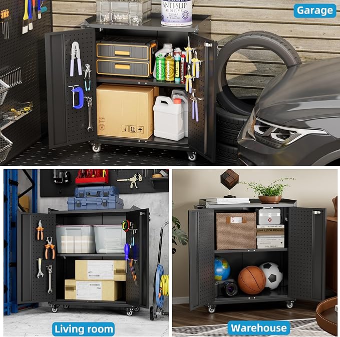 Metal Storage Cabinets with Door Pegboard,Lockable Garage Storage Cabinets with Wheels for Garage, Home, Office,Assembly Required,Black,13.8" D x 26" W x 31.5" H