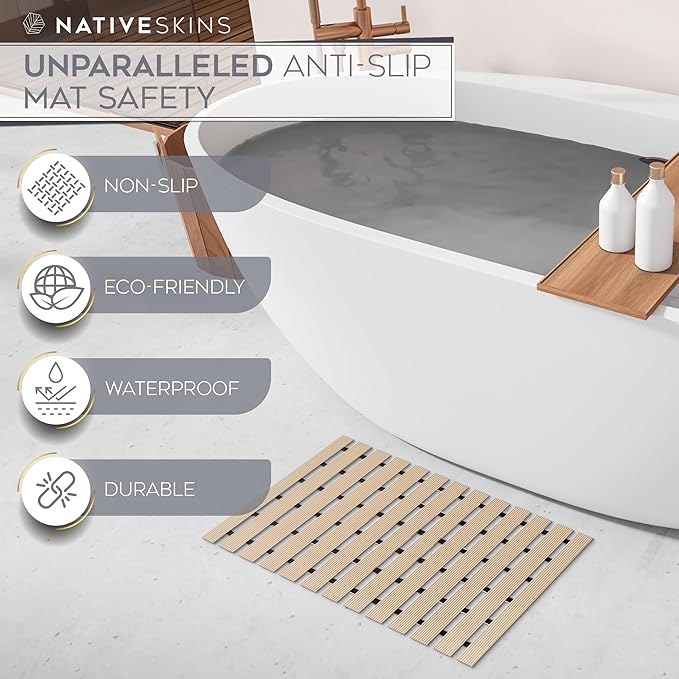NativeSkins Faux Bamboo Bath Mat - Non-Slip Safety Lining, Waterproof, Quick-Drying for Shower, Spa, Sauna - Large 16.9 x 30.7 in Teak