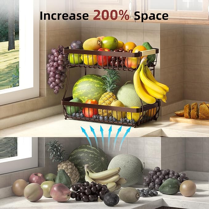 2 Tier Large Fruit Basket for Kitchen Counter with 2 Mobile Banana Hangers, 2026 Pro Detachable Metal Fruit Bowl with Wooden Handle (Brown, 2 Tier Extra Large)