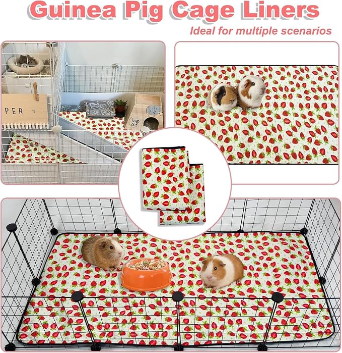 2 Pack Guinea Pig Cage Liners, 28"x 56" Washable Waterproof Bedding for Rabbit, Bunny, Hamster & Small Animals, Reusable Super Absorbent Pee Pads for C&C Cage, Strawberry Print