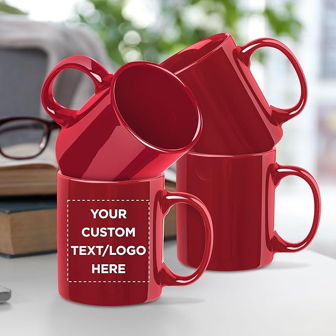 Custom Ceramic Coffee Mugs 11 oz. Set of 50, Personalized Bulk Pack - Coffee cup set, Iced coffee cup, Gaming mug - Red