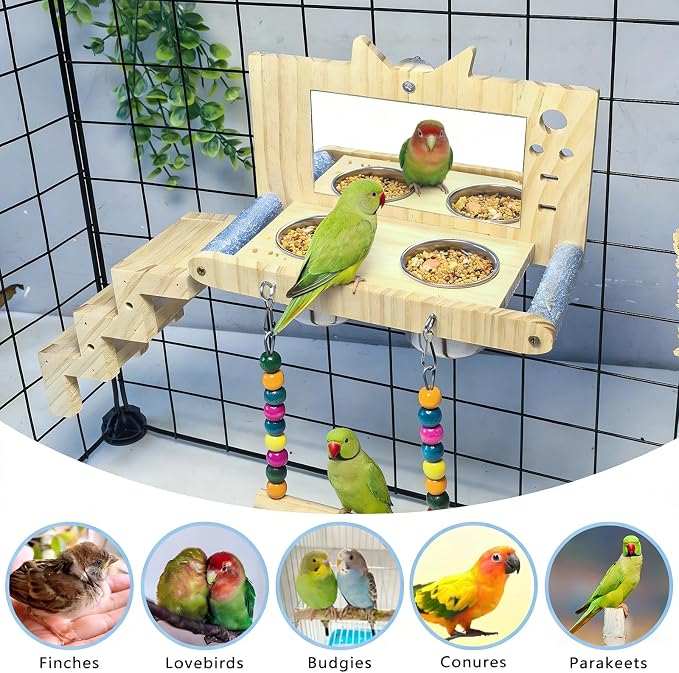 Bird Perch Platform with Mirror Ladder Swing Bowl,Parrot Play Gym Cage Toys | Bird Wood Playing Exercise Stands Perches,Parakeet Climbing Ladder Playground Cage Accessories for Cockatiel Budgie Lovebird