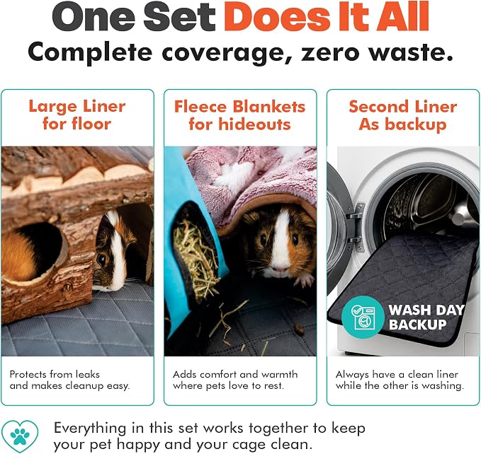 LUFTPETS Guinea Pig Cage Liners 5 Pcs, Washable Midwest Pads & Fleece Mats | 2 Absorbent Bunny Pee Pads 47x24, 3 Fleece Blankets. Hay Shakes Off. Non-Slip. Waterproof Rabbit Bedding