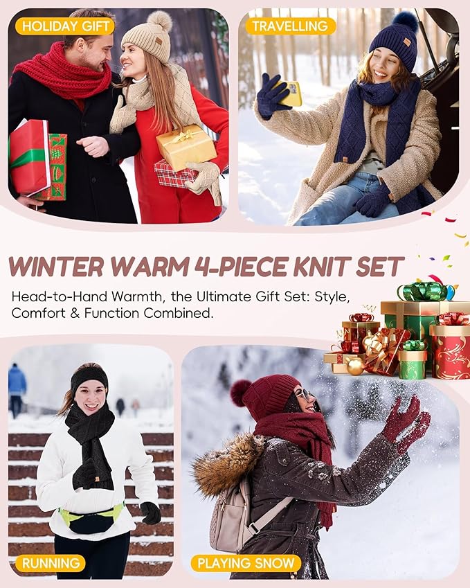 Womens Winter Hat Gloves Scarf Headband Set, Pom Pom Beanie Long Scarf Touchscreen Gloves Ear Warmer, 4 in 1 Warm Gift Set