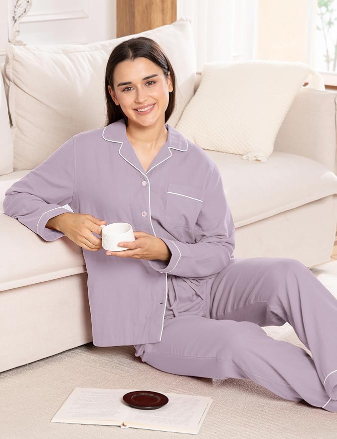 Womens Pajama Sets 100% Double Gauze Cotton Linen Like Muslin Pajamas Long Sleeve Button Down Sleepwear Soft Pjs Lounge Set