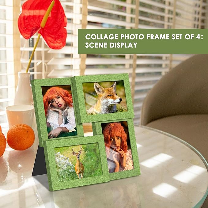 4x6 Collage Picture Frame Tempered Glass Front, Displays Four 4x6 Photo, Family Photo Collage Frame, Wall Decor Wall Hanging or Tabletop, Green