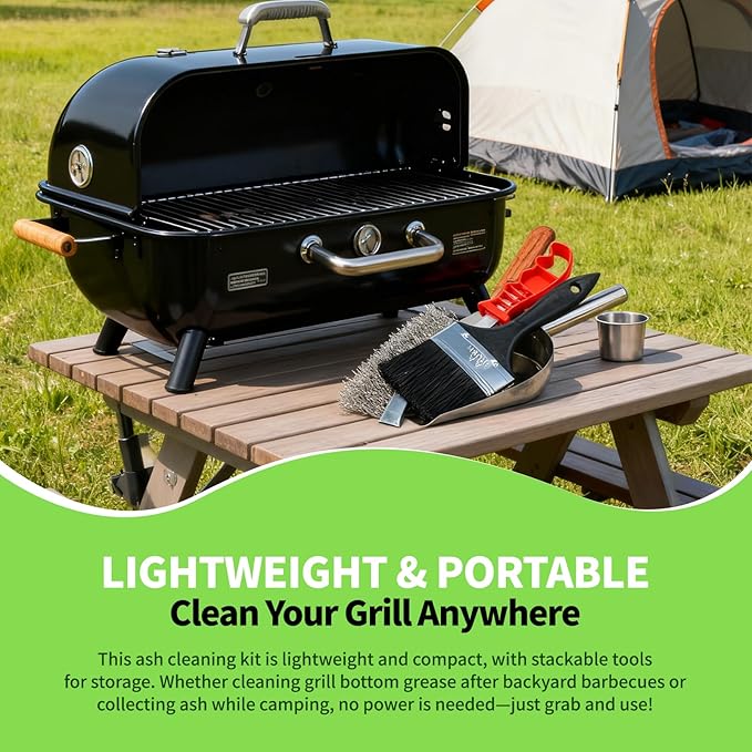 Grill Ash Cleaning Pellet 4-Piece Kit(Metal Material Durability) Includes Wire Brush,Ash Shovel,Bristle Brush,Angled Shovel,Effortlessly Removes Stubborn Grime & Collects Ash Debris