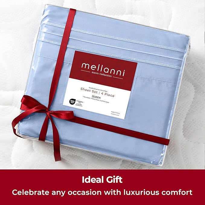 Mellanni Split King Sheets Set - 5 PC Iconic Collection Bedding - Hotel Luxury, Extra Soft, Cooling Bed Sheets - Wrinkle, Fade, Stain Resistant (Split King, Sky Blue)