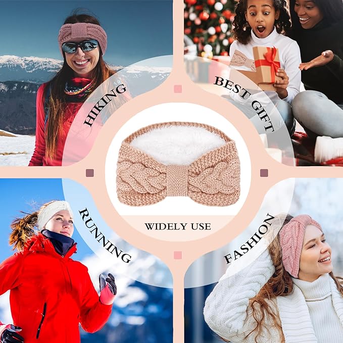 Whaline 4 Pack Twisted Knit Headband Winter Knotted Head Wraps Fuzzy Lined Headband Thick Crochet Turban Ear Warmer Elastic Hair Band Accessories for Women (White, Pink, Purple)