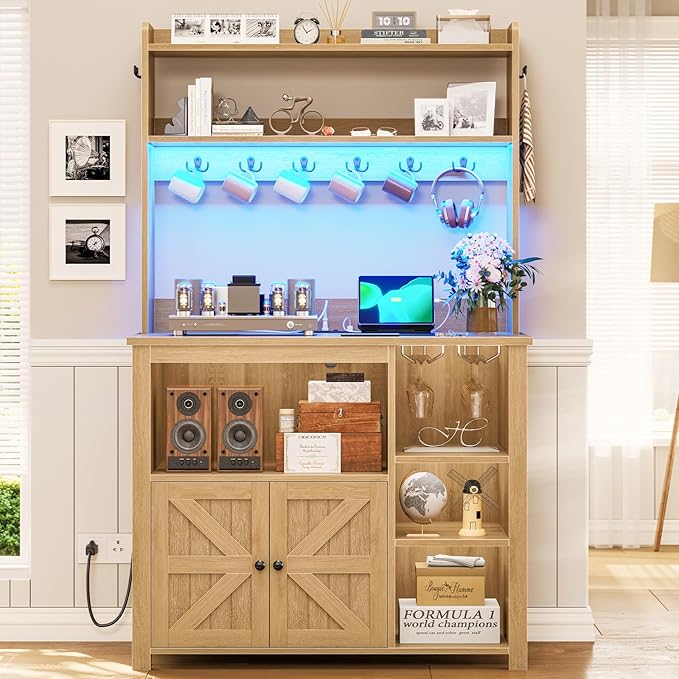 Itaar 35.4 inch Bakers Rack with Power Outlet and Storage, Farmhouse Coffee Bar Cabinet, Microwave Stand Kitchen Cabinet with Hutch, LED Lights, Wine Glass Holder and 8 Hooks, Oak