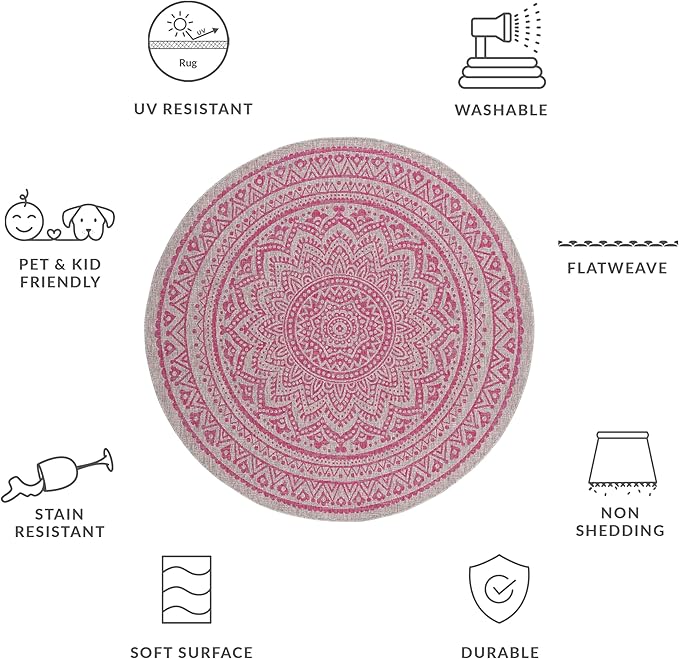 SAFAVIEH Washable Rug Outdoor Courtyard Collection - 6'7" Round, Light Grey & Fuchsia Pink Purple, Non-Shedding & Easy Cleaning, Ideal for Patio, Backyard, Mudroom (CY8734-39712)
